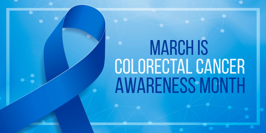 A blue ribbon and text promoting colorectal cancer awareness month.