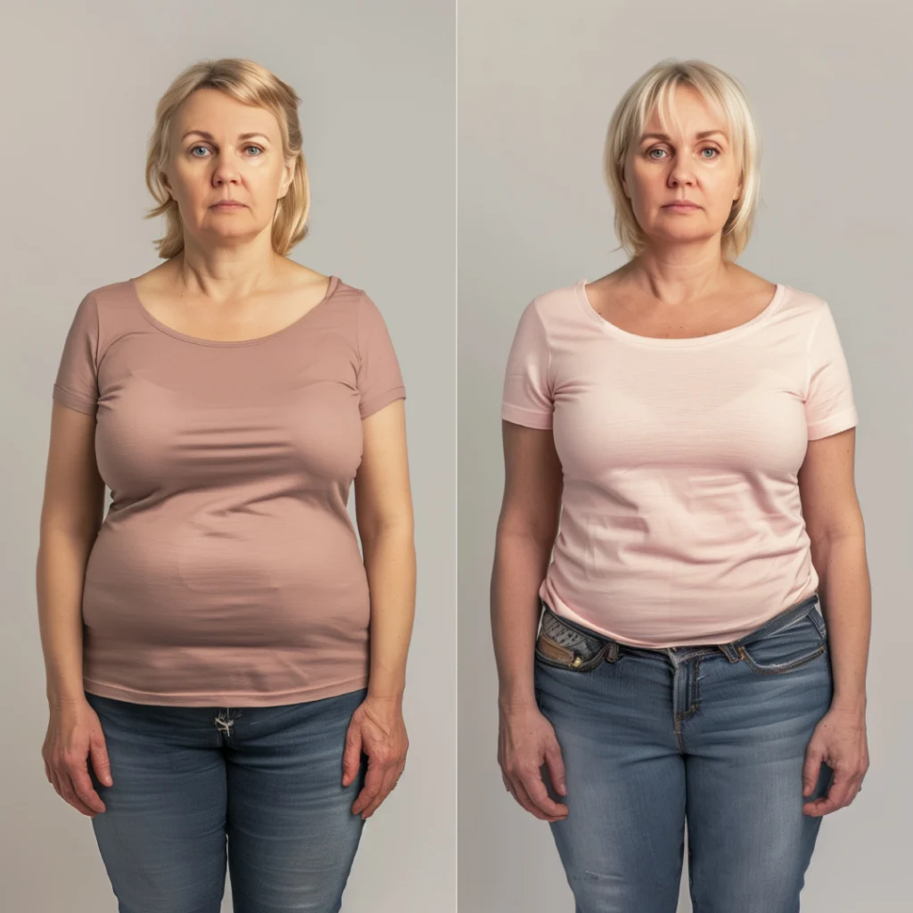 A before-and-after comparison of a woman showing weight loss results with Wegovy.