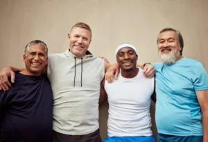 Group of men smiling outdoors during Health Risk Management Week.