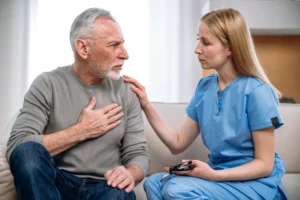 Elderly man receives acute care during a concerning health episode.