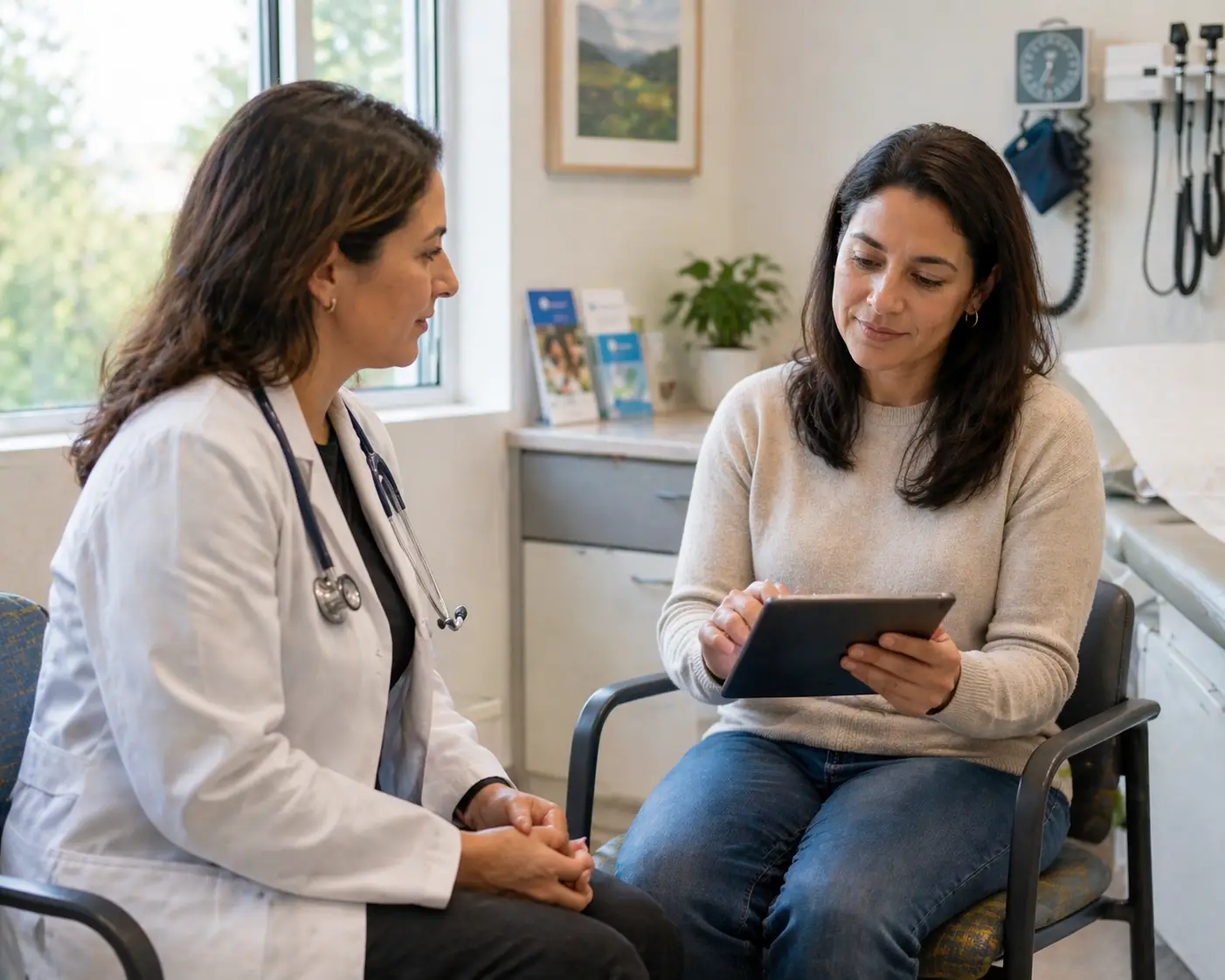 Doctor and patient reviewing information on a tablet during consultation