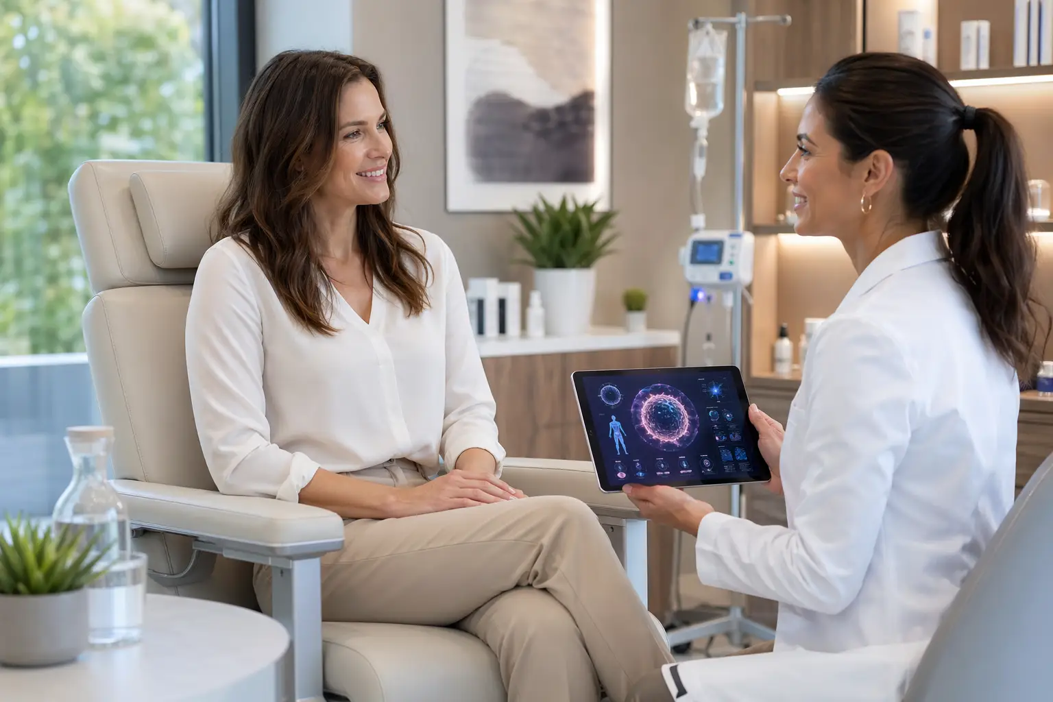 doctor showing a tablet to a seated patient during a consultation in a clinic