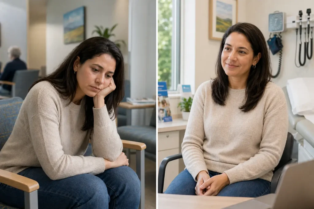 Side-by-side images showing patient with concerned expression and then calm expression