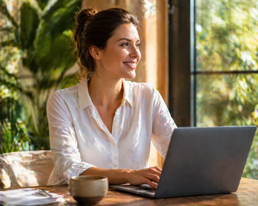 woman smiling while using a laptop at a wooden table near a window with plants