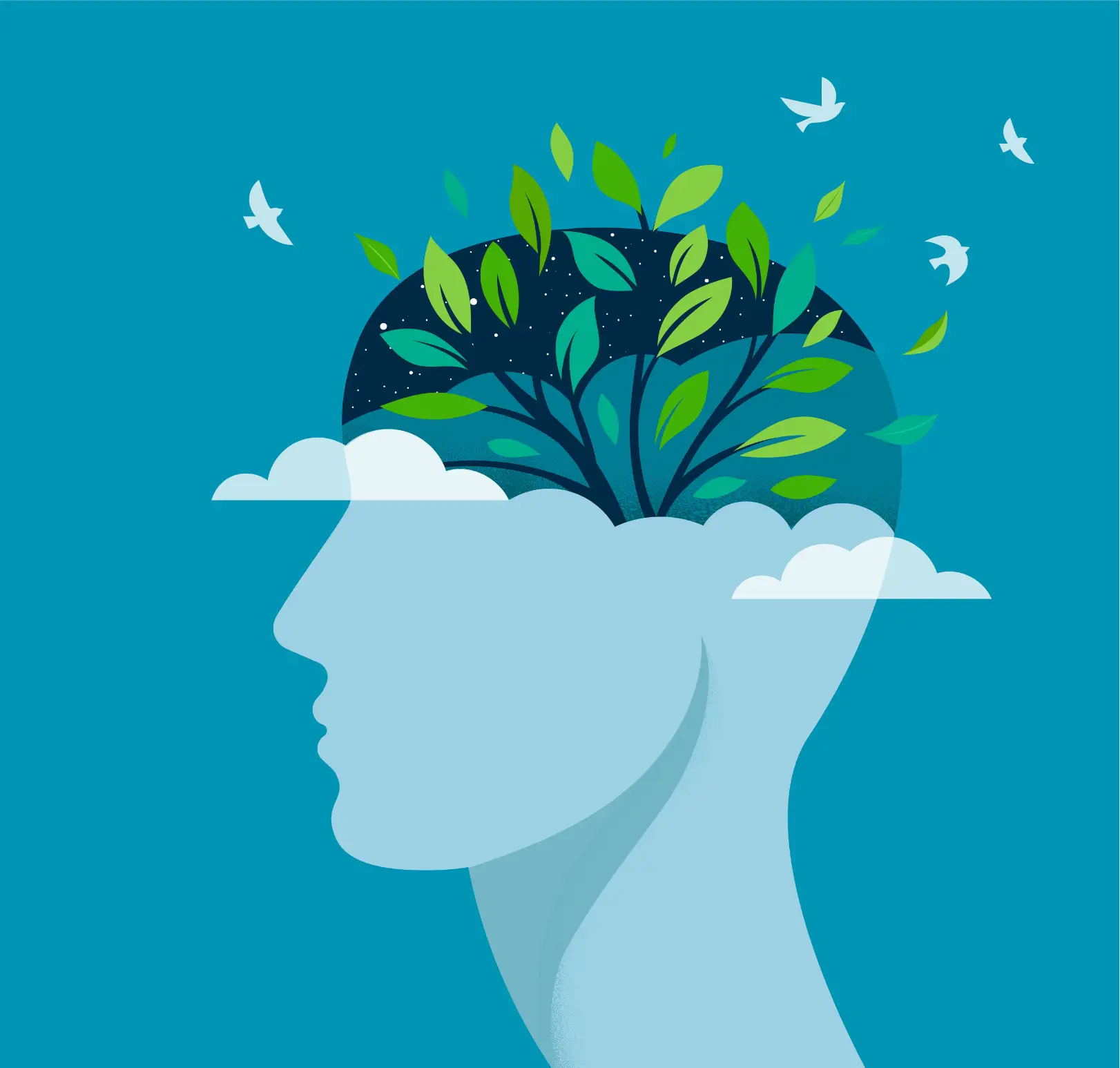 Illustrated profile of a head with green leaves, branches, clouds, and birds beside World Mental Health Day text.